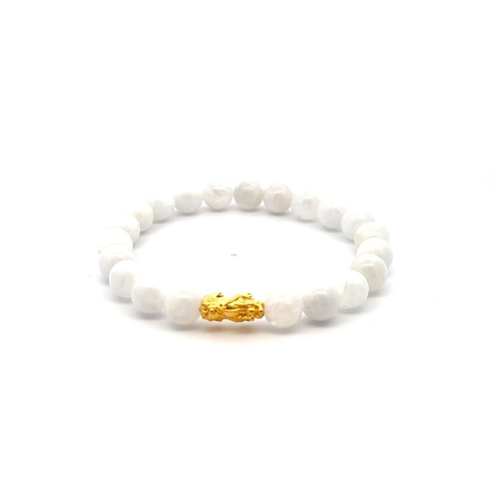 24K Gold Piyao Pixiu Dragon Bracelet Gemstone Birthstones Moonstone 8mm S 6.5" - Picture 1 of 5